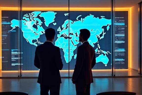 Business professionals discussing strategic data on a large screen in a modern office